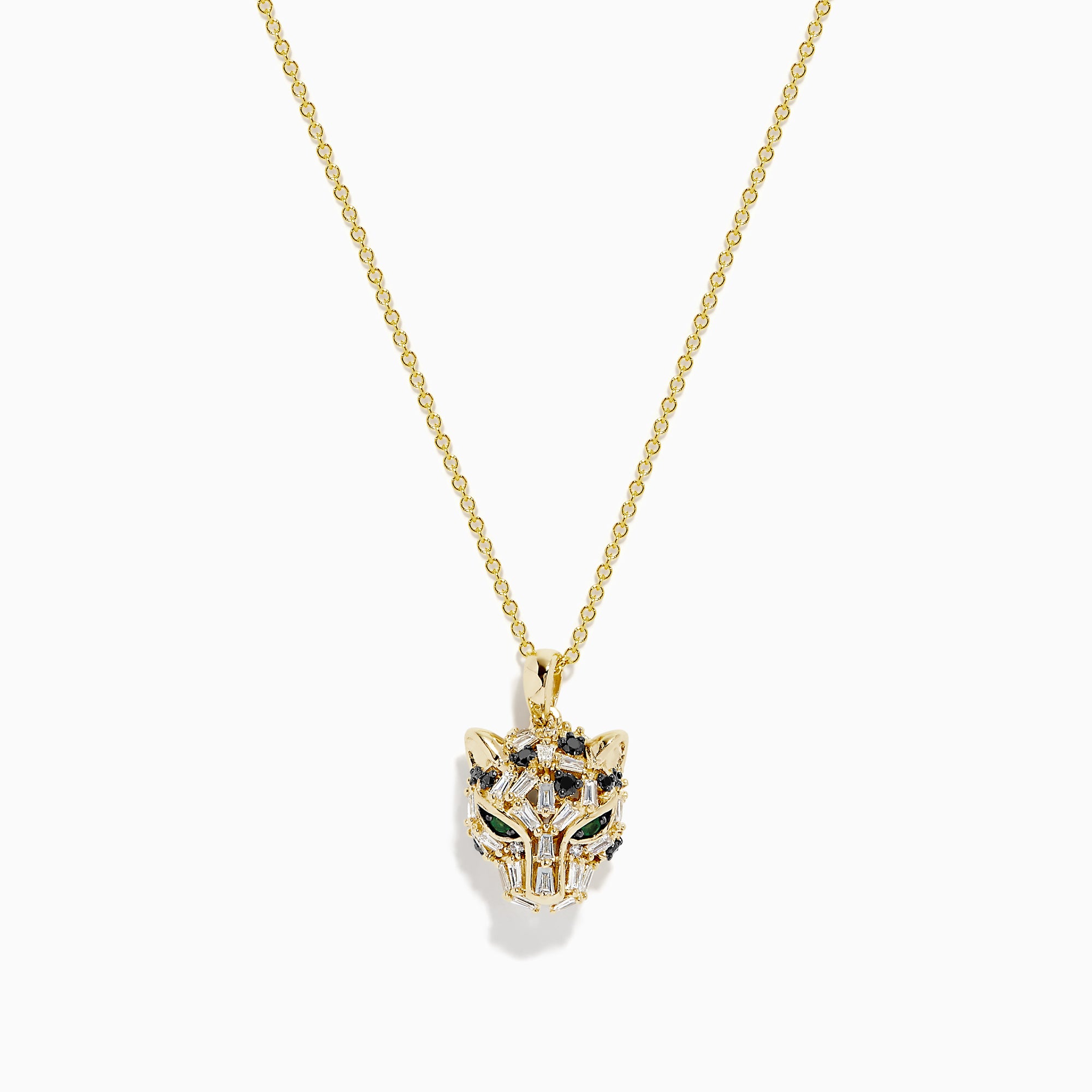 The Signature 14K Yellow Gold Black and White Diamond Panther Pendant is a chain necklace with a stylized panther design, featuring black and white diamonds and green gemstones, displayed against a white background.