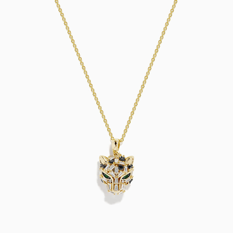 The Signature 14K Yellow Gold Black and White Diamond Panther Pendant is a chain necklace with a stylized panther design, featuring black and white diamonds and green gemstones, displayed against a white background.