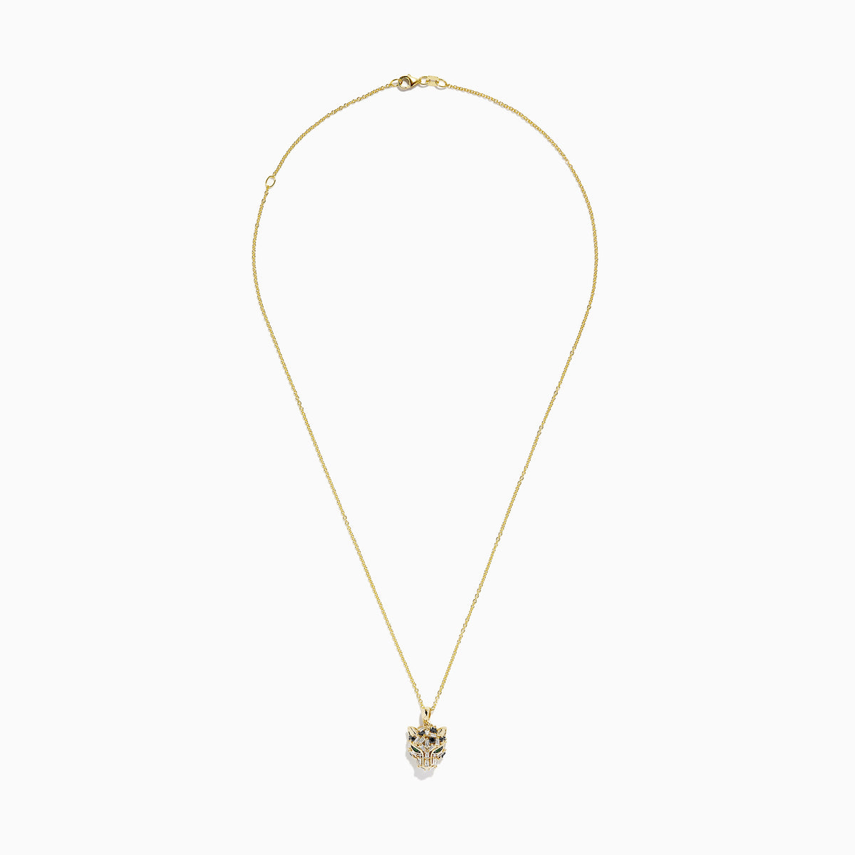 The Signature 14K Yellow Gold Black and White Diamond Panther Pendant is a chain necklace with a stylized panther design, featuring black and white diamonds and green gemstones, displayed against a white background.