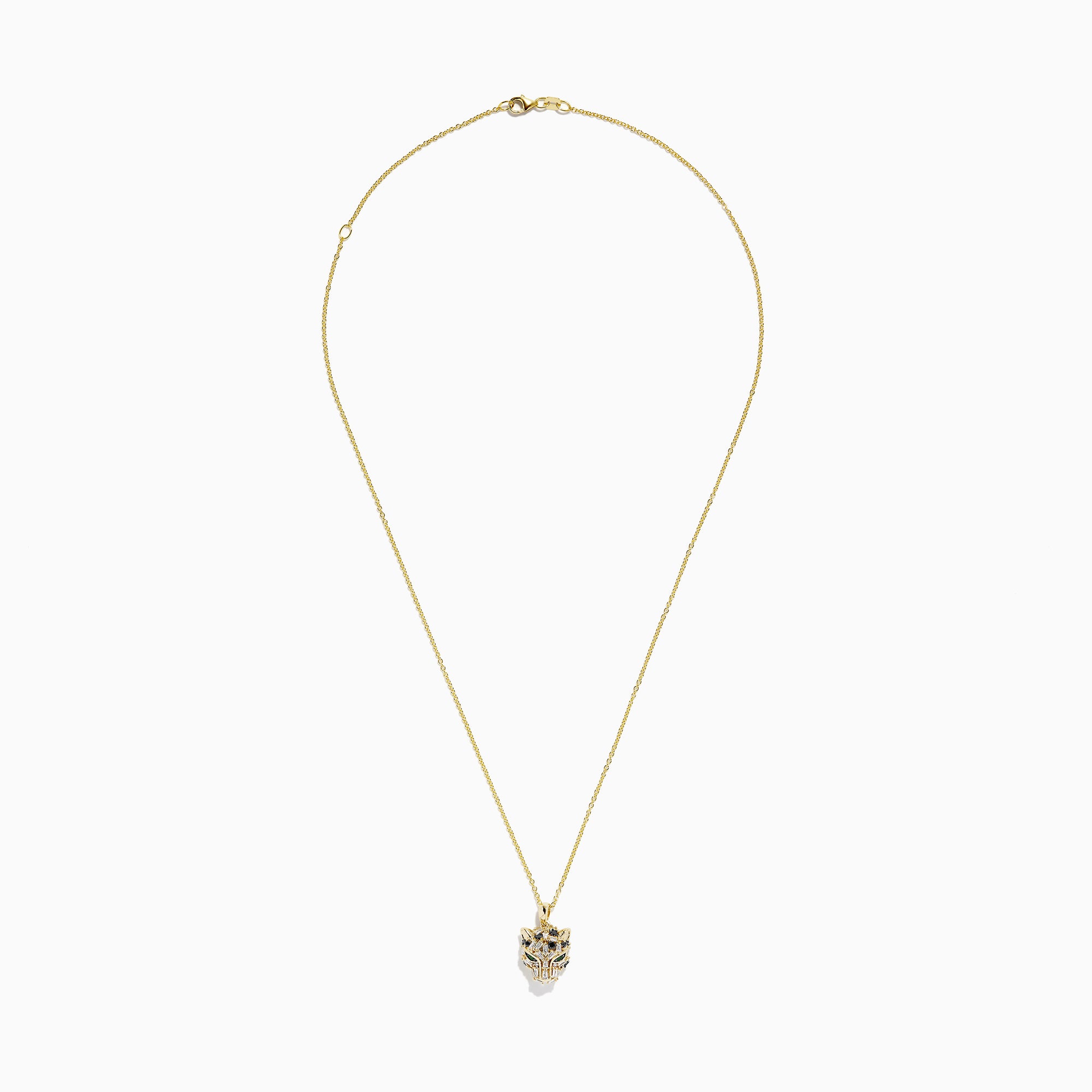The Signature 14K Yellow Gold Black and White Diamond Panther Pendant is a chain necklace with a stylized panther design, featuring black and white diamonds and green gemstones, displayed against a white background.