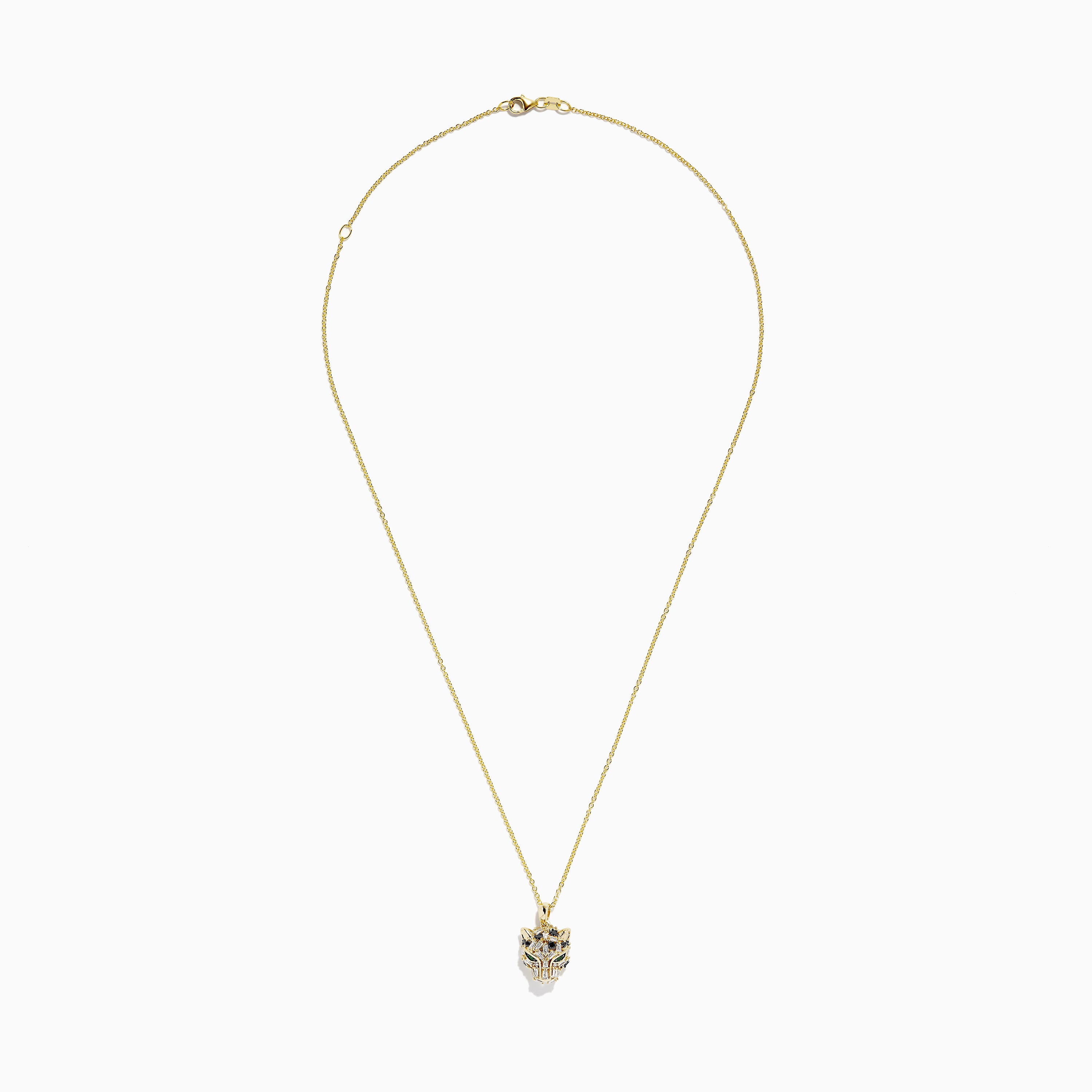 The Signature 14K Yellow Gold Black and White Diamond Panther Pendant is a chain necklace with a stylized panther design, featuring black and white diamonds and green gemstones, displayed against a white background.