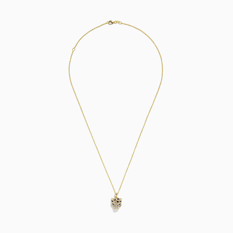 The Signature 14K Yellow Gold Black and White Diamond Panther Pendant is a chain necklace with a stylized panther design, featuring black and white diamonds and green gemstones, displayed against a white background.