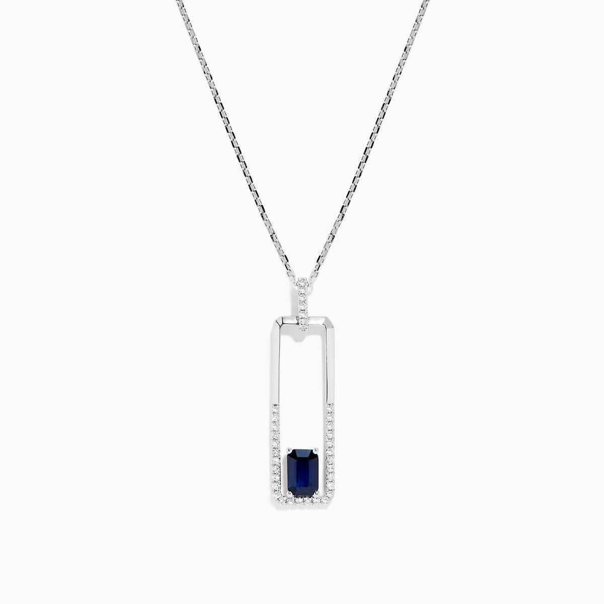 The Royale Bleu 14K White Gold Sapphire and Diamond Pendant features a rectangular design with a row of diamonds and a single sapphire at the bottom, shown against a plain white background.