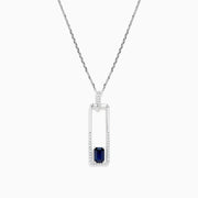 The Royale Bleu 14K White Gold Sapphire and Diamond Pendant features a rectangular design with a row of diamonds and a single sapphire at the bottom, shown against a plain white background.