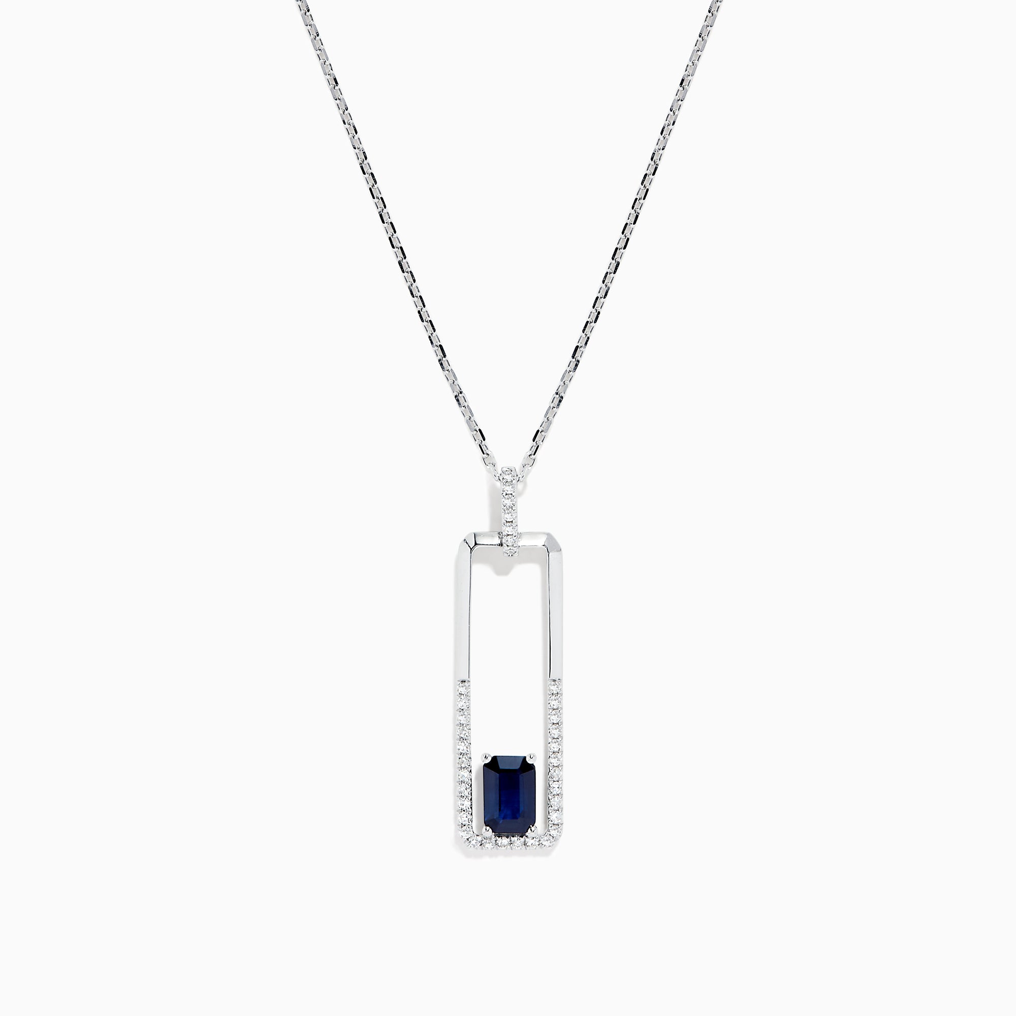 The Royale Bleu 14K White Gold Sapphire and Diamond Pendant features a rectangular design with a row of diamonds and a single sapphire at the bottom, shown against a plain white background.