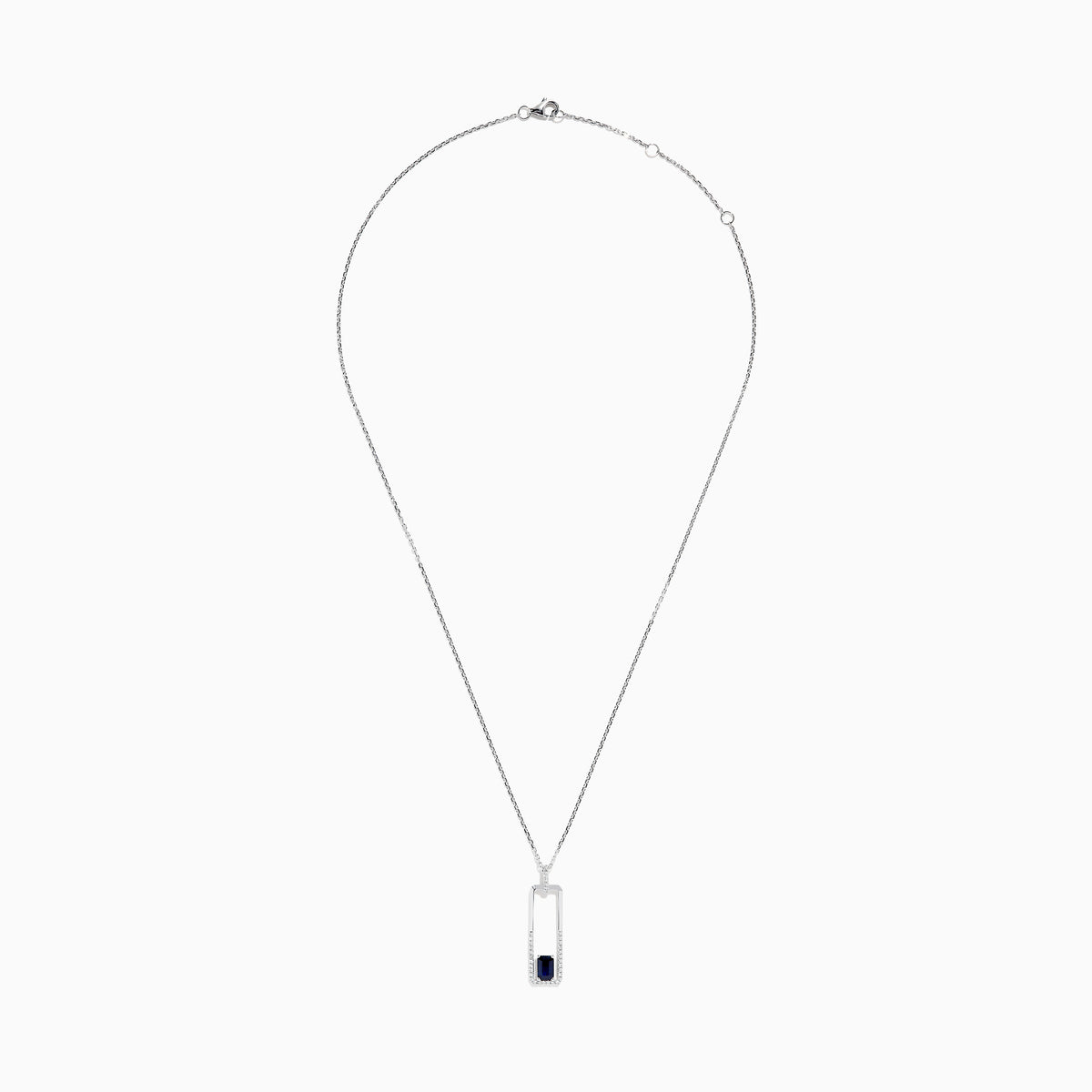 The Royale Bleu 14K White Gold Sapphire and Diamond Pendant features a rectangular design with a row of diamonds and a single sapphire at the bottom, shown against a plain white background.