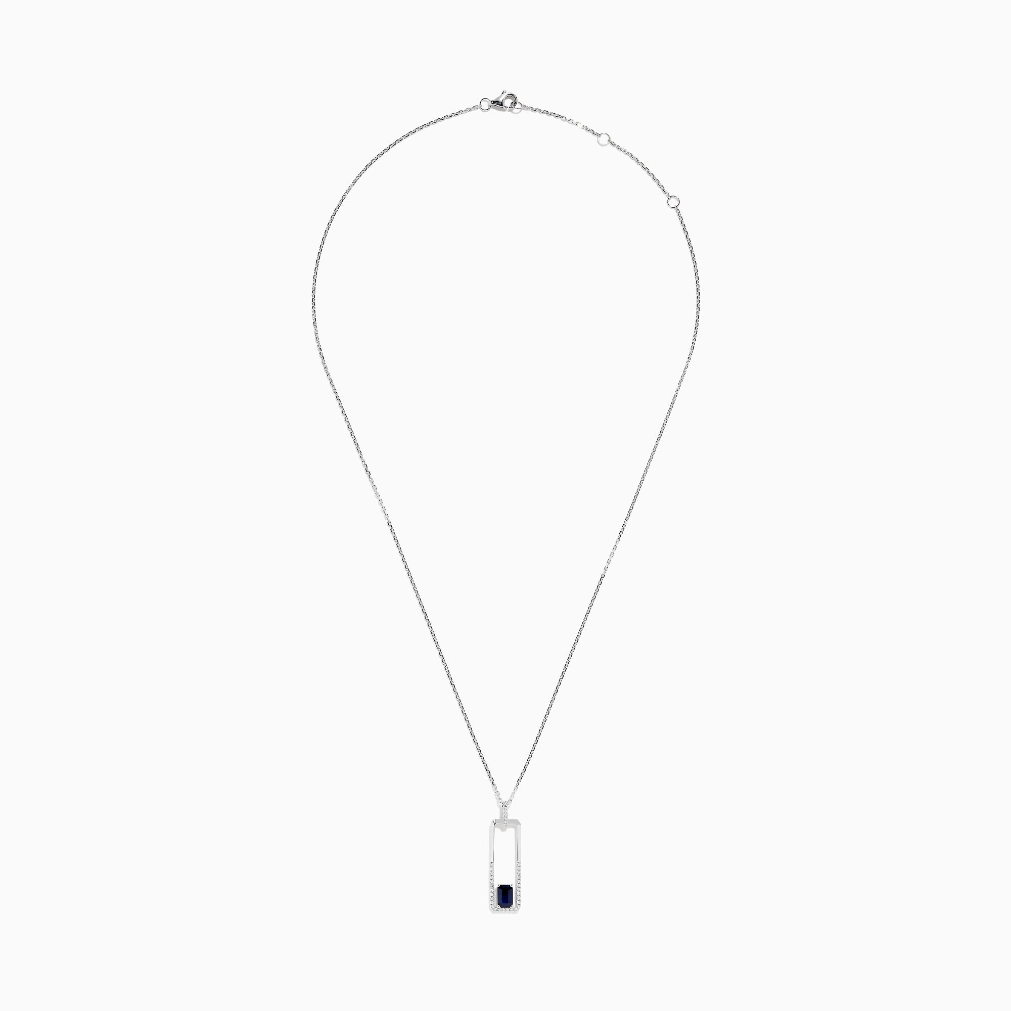 The Royale Bleu 14K White Gold Sapphire and Diamond Pendant features a rectangular design with a row of diamonds and a single sapphire at the bottom, shown against a plain white background.
