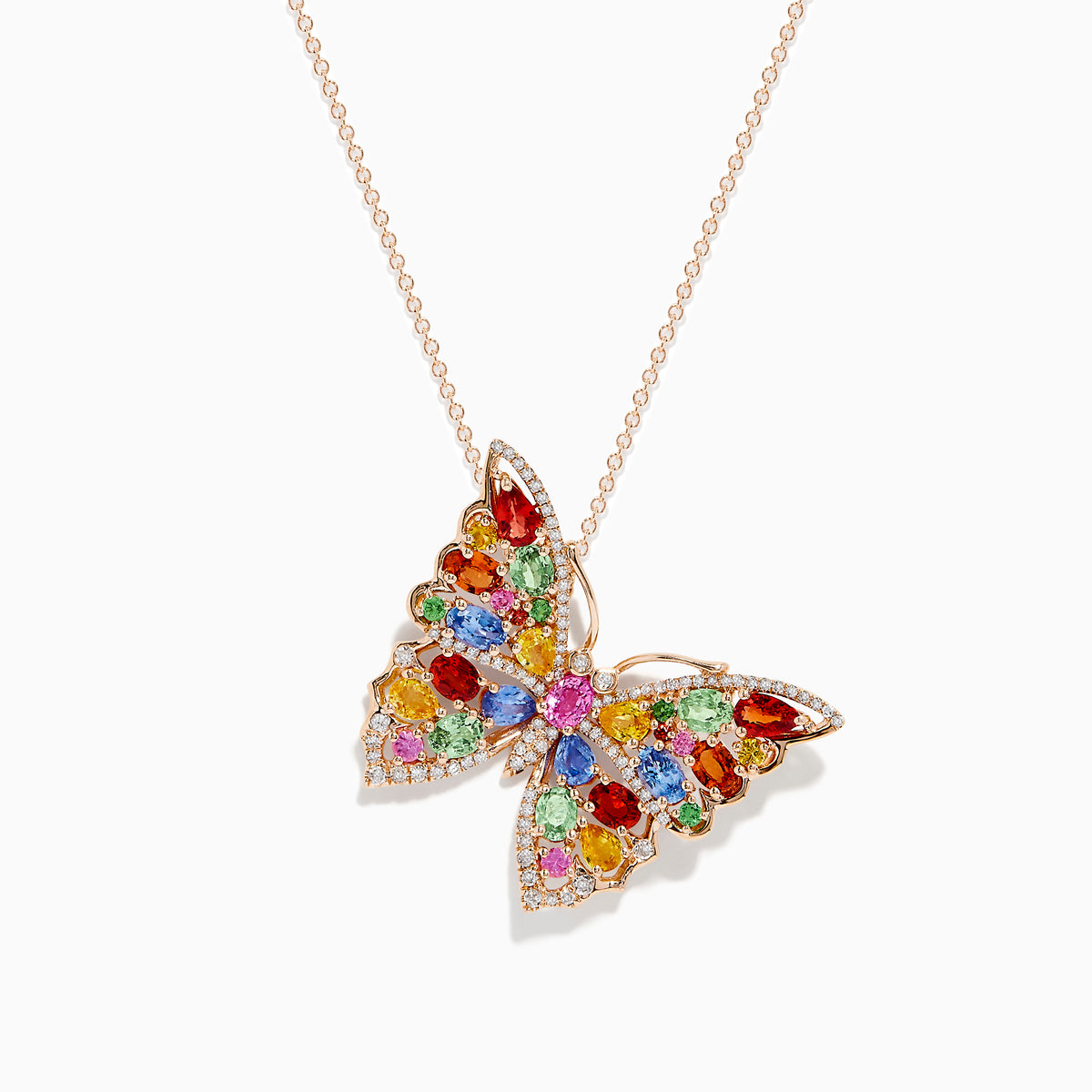 The Watercolors 14K Rose Gold Butterfly Pendant features red, blue, green, yellow, and pink multi sapphire gemstones with diamond accents, all set in a delicate rose gold design.