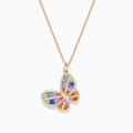 The Watercolors 14K Rose Gold Multi Sapphire and Diamond Butterfly Pendant features blue, green, orange, and purple sapphires accented by sparkling diamonds on a delicate chain. This eye-catching necklace is stunningly vibrant.