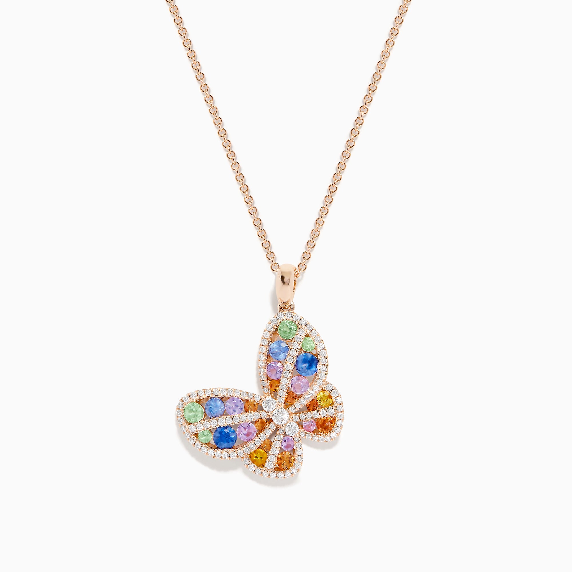 The Watercolors 14K Rose Gold Multi Sapphire and Diamond Butterfly Pendant features blue, green, orange, and purple sapphires accented by sparkling diamonds on a delicate chain. This eye-catching necklace is stunningly vibrant.