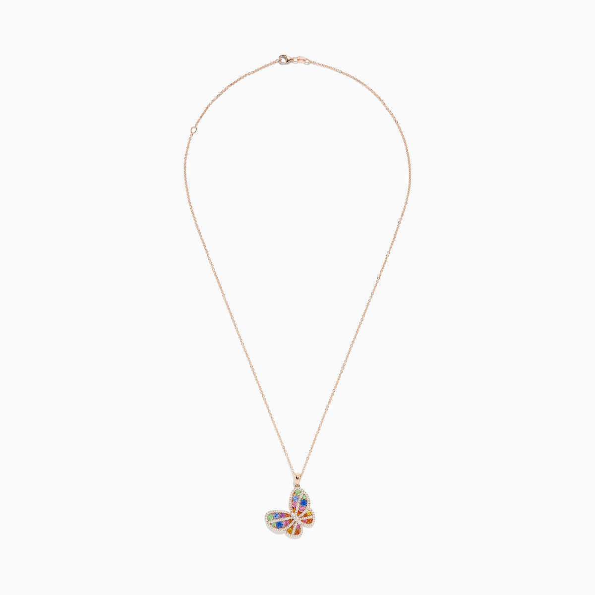 The Watercolors 14K Rose Gold Multi Sapphire and Diamond Butterfly Pendant features blue, green, orange, and purple sapphires accented by sparkling diamonds on a delicate chain. This eye-catching necklace is stunningly vibrant.