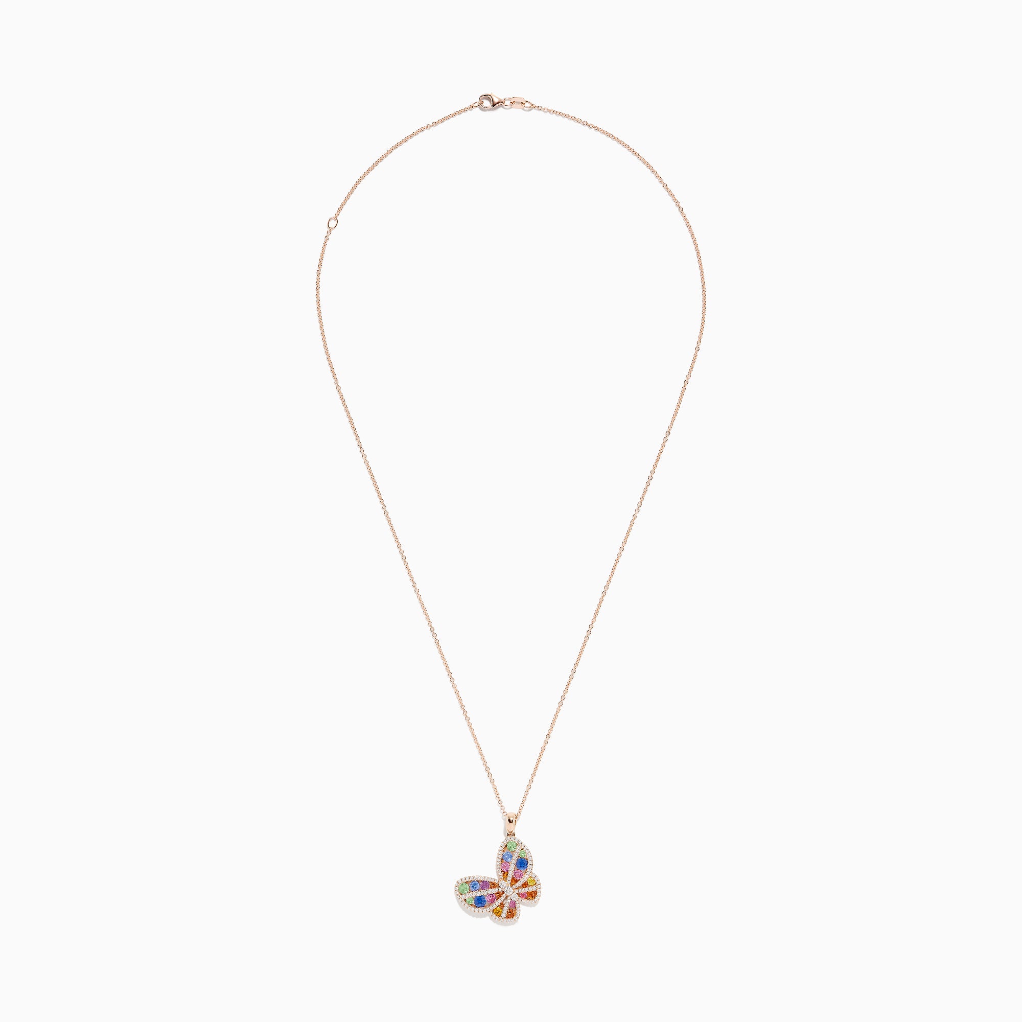 The Watercolors 14K Rose Gold Multi Sapphire and Diamond Butterfly Pendant features blue, green, orange, and purple sapphires accented by sparkling diamonds on a delicate chain. This eye-catching necklace is stunningly vibrant.