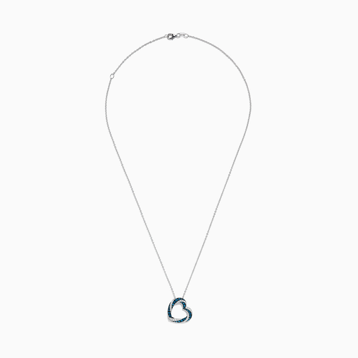 The Bella Bleu 14K White Gold Blue and White Diamond Heart Pendant is a delicate necklace featuring sparkling blue and white diamonds, shown against a plain white background.