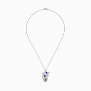 The 14K White Gold Blue Sapphire and Diamond Multi Butterfly Pendant features three butterflies accented with diamond-like stones and a central blue sapphire, hanging elegantly from a delicate chain.