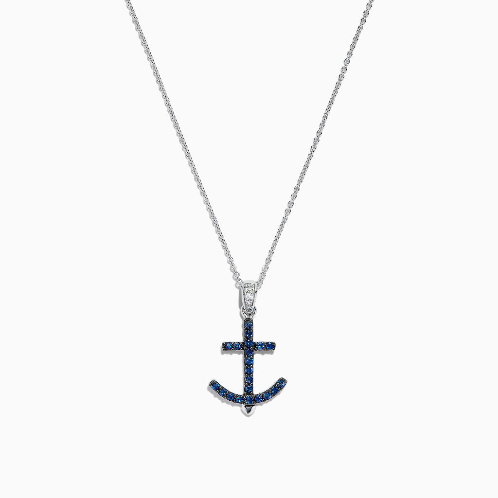 Effy Seaside 14K White Gold Blue Sapphire and Diamond Anchor Pendant, 0.23 TCW