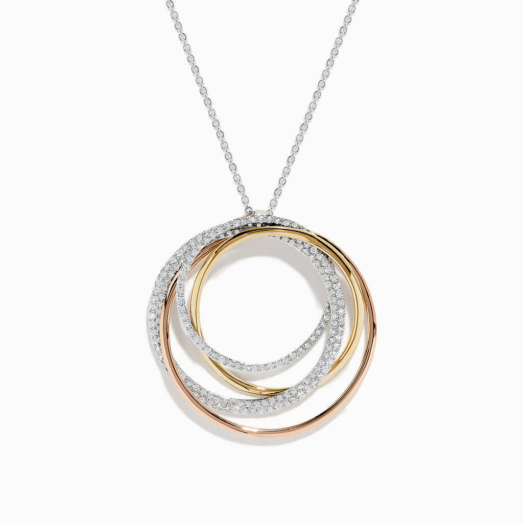 The Trio 14K 3-Color Gold Diamond Crossover Pendant features three interlocking circles—yellow gold, rose gold, and diamond-accented—on a fine silver chain, beautifully showcased against a white background.