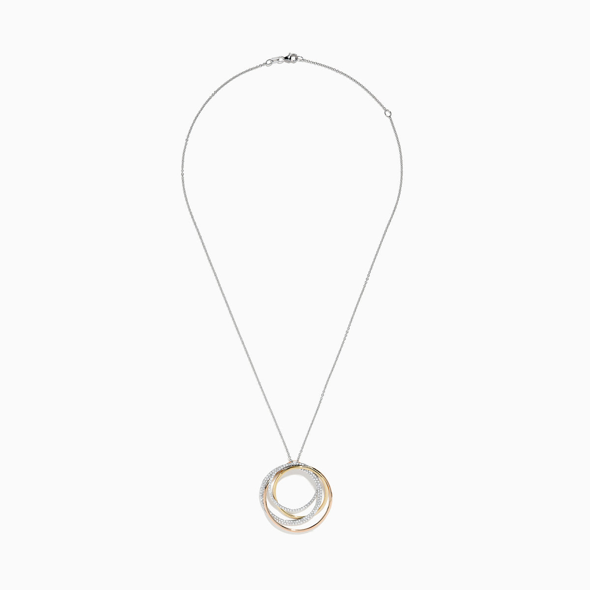 The Trio 14K 3-Color Gold Diamond Crossover Pendant features three interlocking circles—yellow gold, rose gold, and diamond-accented—on a fine silver chain, beautifully showcased against a white background.