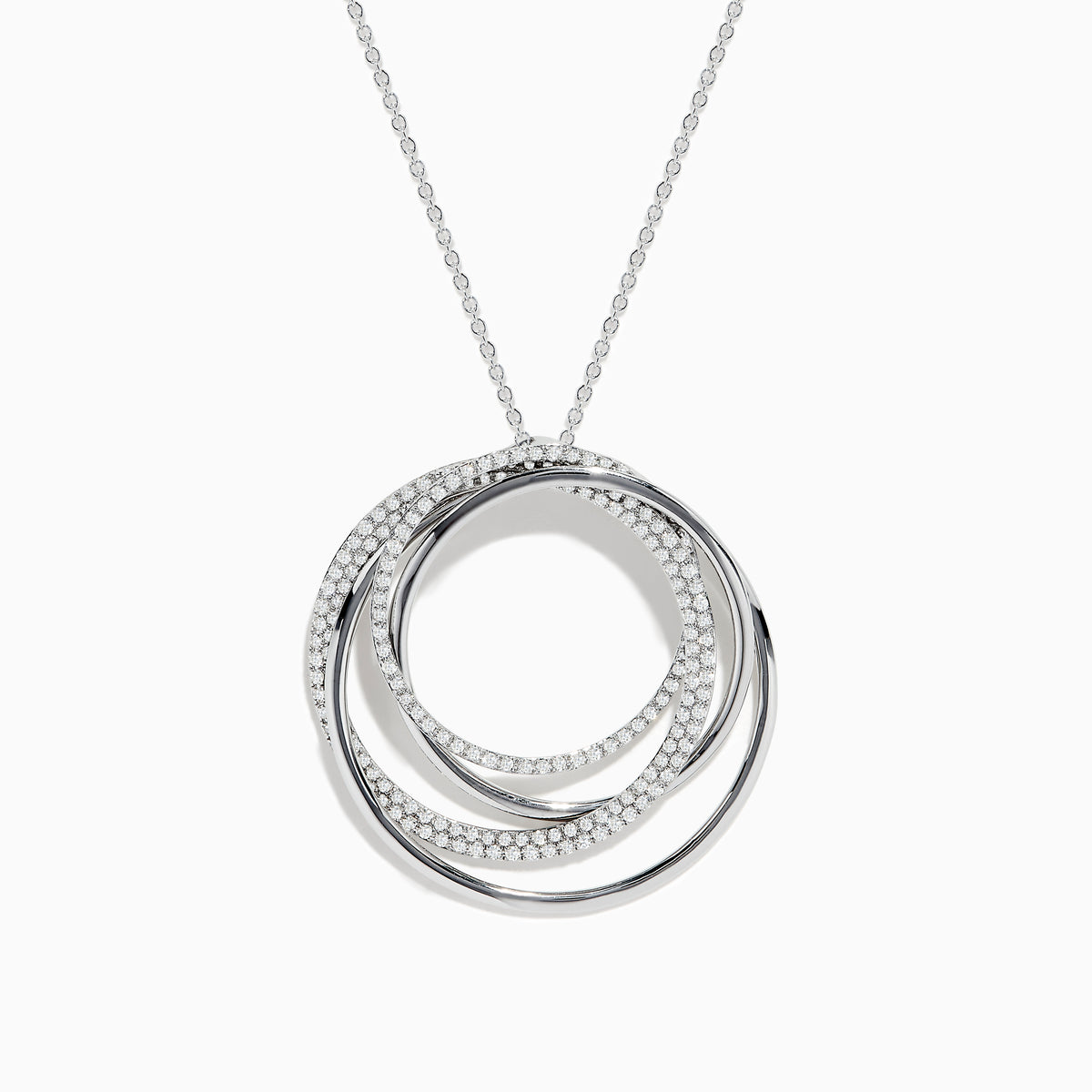 The Pave Classica 14K White Gold Diamond Crossover Pendant showcases three interlocking circles, two adorned with diamonds totaling 0.70 carats, on a delicate chain for a sophisticated look.