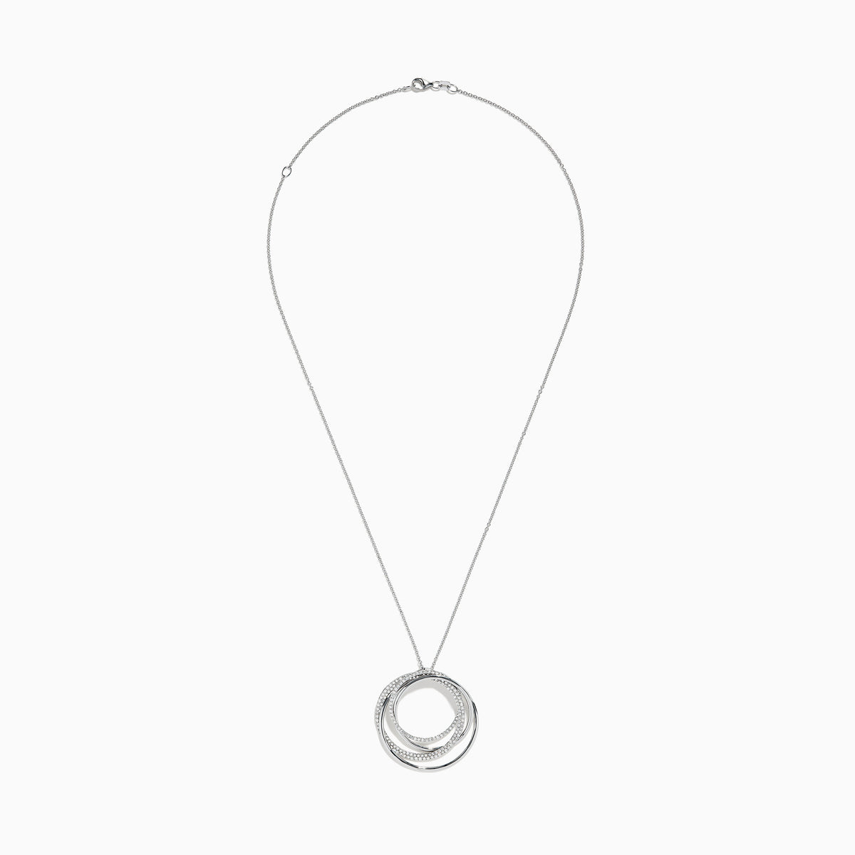 The Pave Classica 14K White Gold Diamond Crossover Pendant showcases three interlocking circles, two adorned with diamonds totaling 0.70 carats, on a delicate chain for a sophisticated look.
