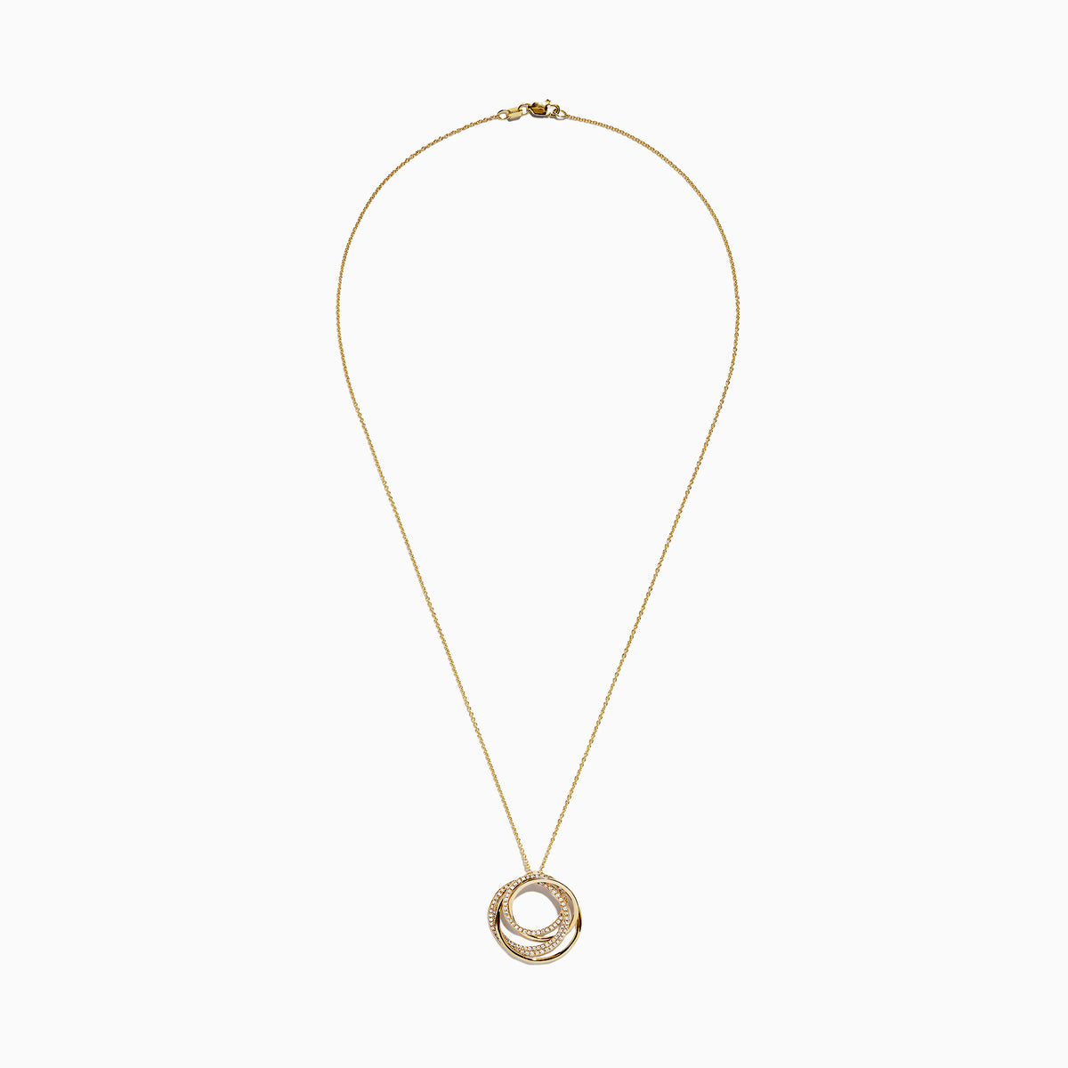 The DOro 14K Yellow Gold Diamond Crossover Circles Pendant (0.41 TCW) features three interlocking circles, two accented with shimmering diamonds, displayed elegantly against a white background.