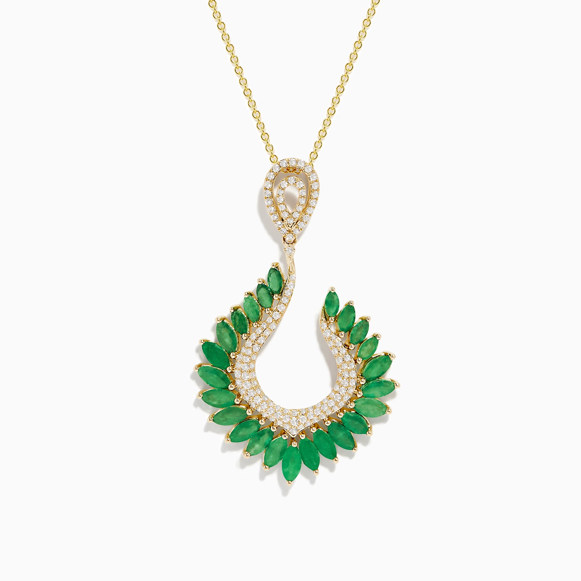 The Brasilica 14K Yellow Gold Emerald and Diamond Pendant features a curved design with marquise-cut emeralds and sparkling diamonds, suspended from a delicate gold chain.