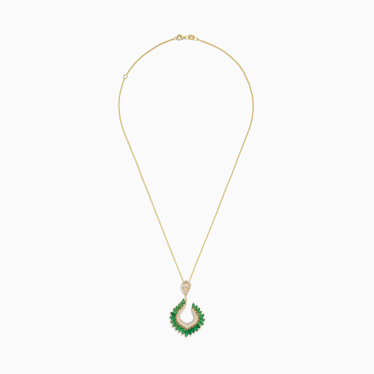 The Brasilica 14K Yellow Gold Emerald and Diamond Pendant features a curved design with marquise-cut emeralds and sparkling diamonds, suspended from a delicate gold chain.