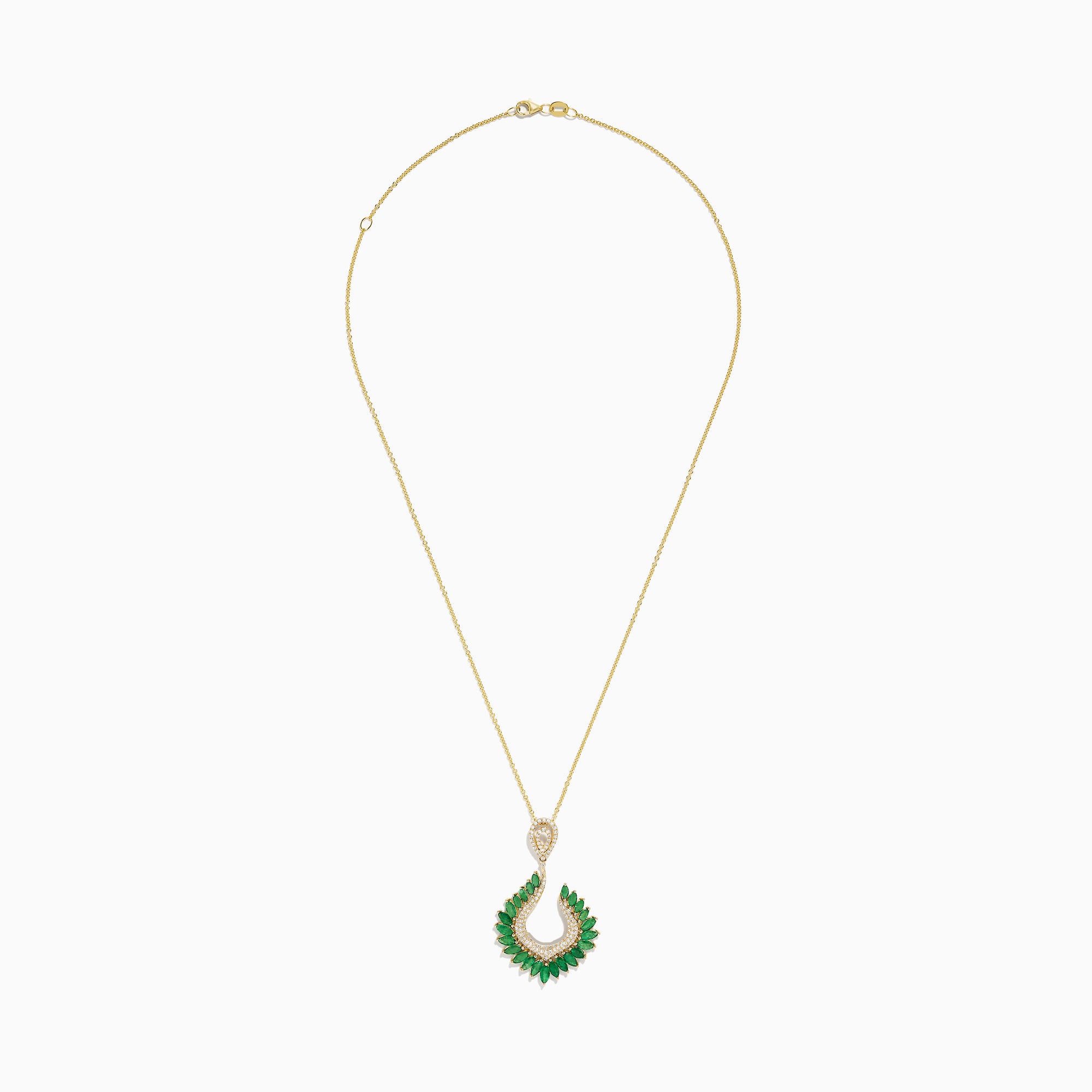 The Brasilica 14K Yellow Gold Emerald and Diamond Pendant features a curved design with marquise-cut emeralds and sparkling diamonds, suspended from a delicate gold chain.
