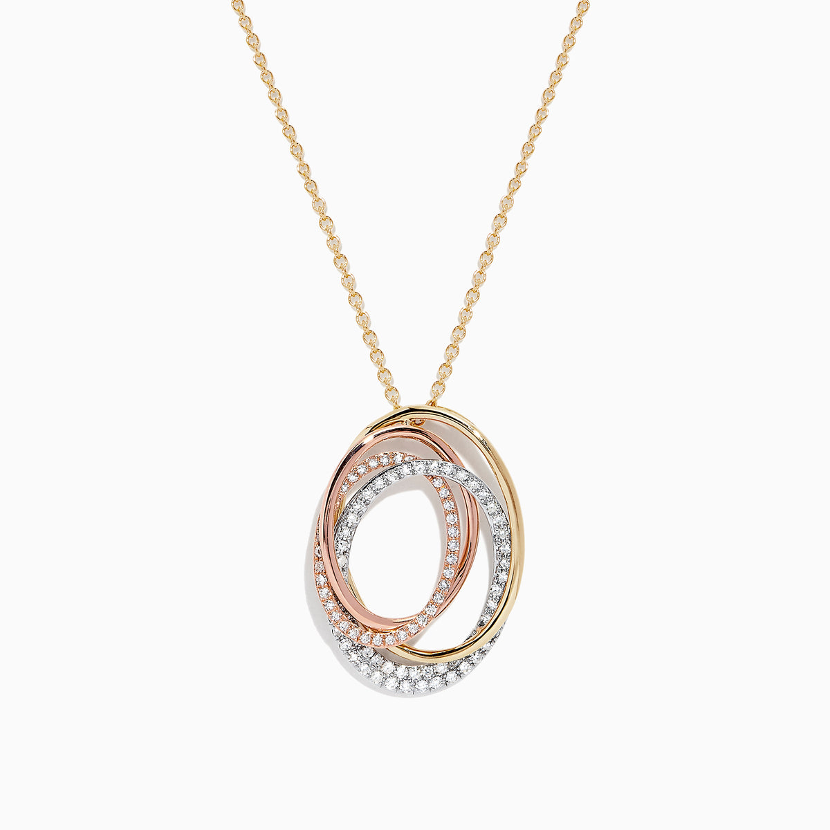 The Trio 14K Tri Tone Gold Diamond Oval Crossover Pendant features three interlocking oval pendants in yellow, white, and rose gold with sparkling diamonds totaling 0.43 TCW.