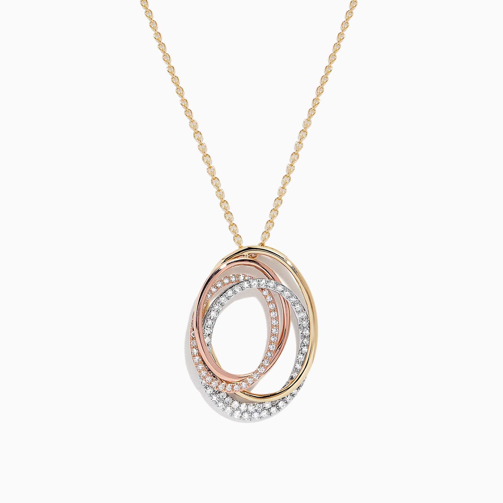 The Trio 14K Tri Tone Gold Diamond Oval Crossover Pendant features three interlocking oval pendants in yellow, white, and rose gold with sparkling diamonds totaling 0.43 TCW.