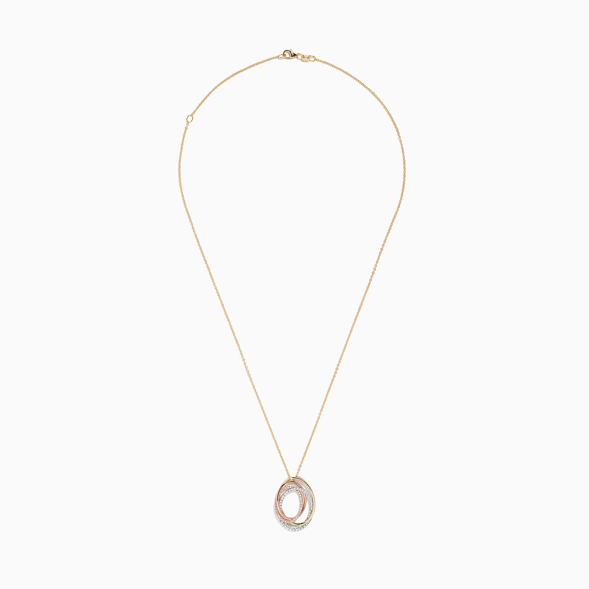 The Trio 14K Tri Tone Gold Diamond Oval Crossover Pendant features three interlocking oval pendants in yellow, white, and rose gold with sparkling diamonds totaling 0.43 TCW.