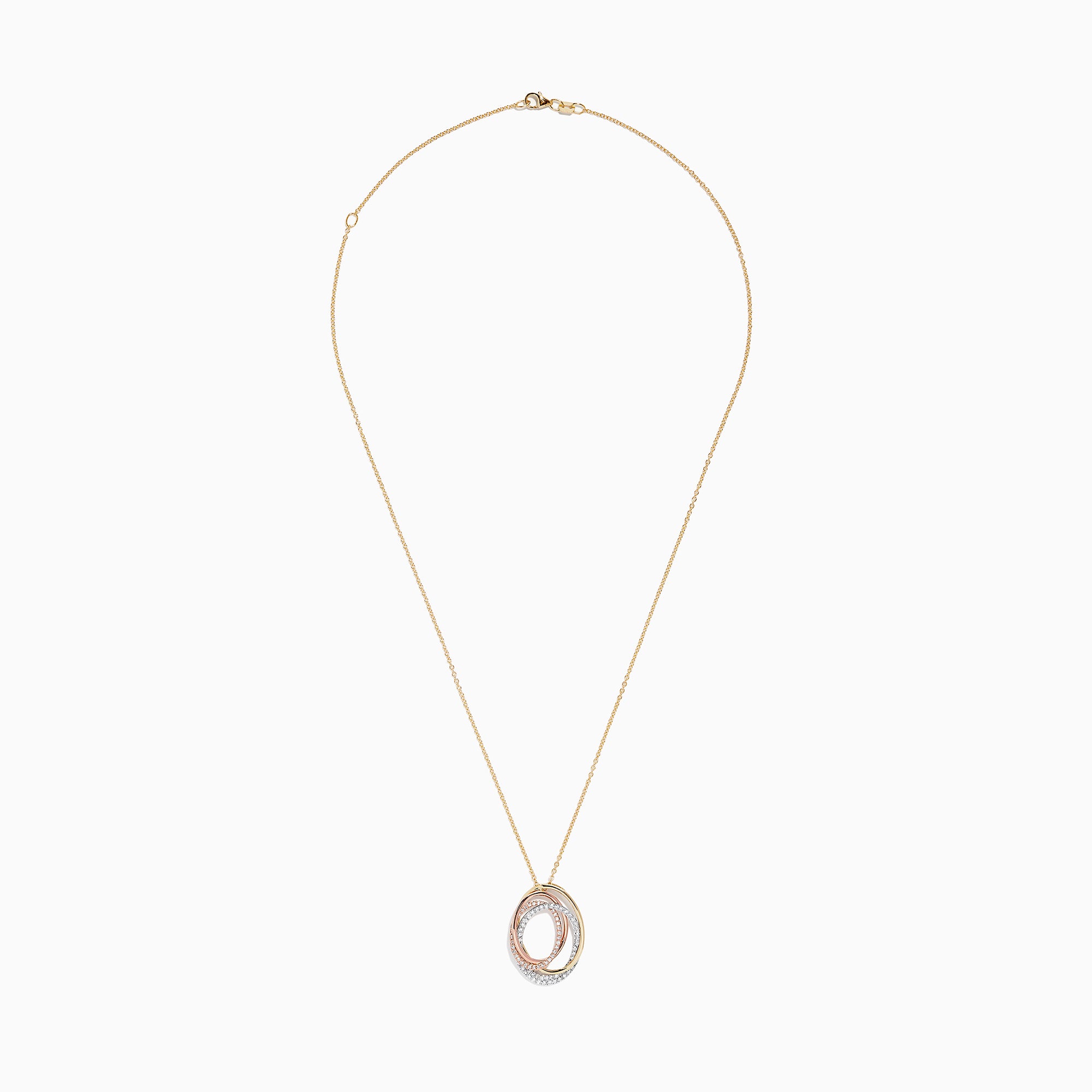 The Trio 14K Tri Tone Gold Diamond Oval Crossover Pendant features three interlocking oval pendants in yellow, white, and rose gold with sparkling diamonds totaling 0.43 TCW.