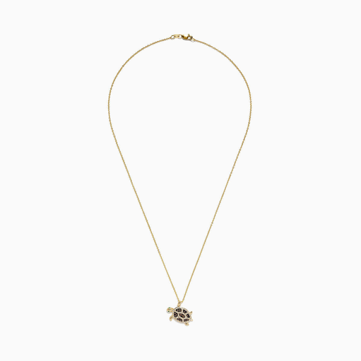 The Seaside 14K Gold Espresso & White Diamond Turtle Pendant (0.42 TCW) features a detailed jeweled shell, green eye, and turtle design on a chain necklace, with black, brown, and clear diamond accents.