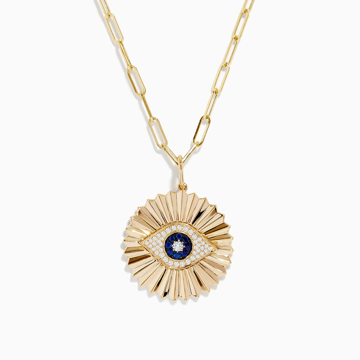 The Novelty 14K Yellow Gold Sapphire and Diamond Evil Eye Disk Pendant features a sunburst design with a sapphire center, diamond accents, gold spikes, and elongated oval chain links.
