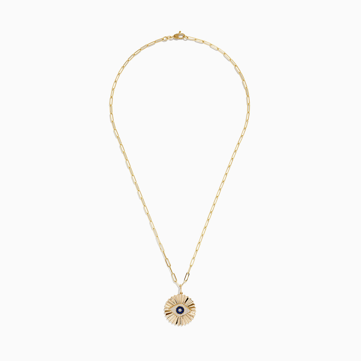 The Novelty 14K Yellow Gold Sapphire and Diamond Evil Eye Disk Pendant features a sunburst design with a sapphire center, diamond accents, gold spikes, and elongated oval chain links.