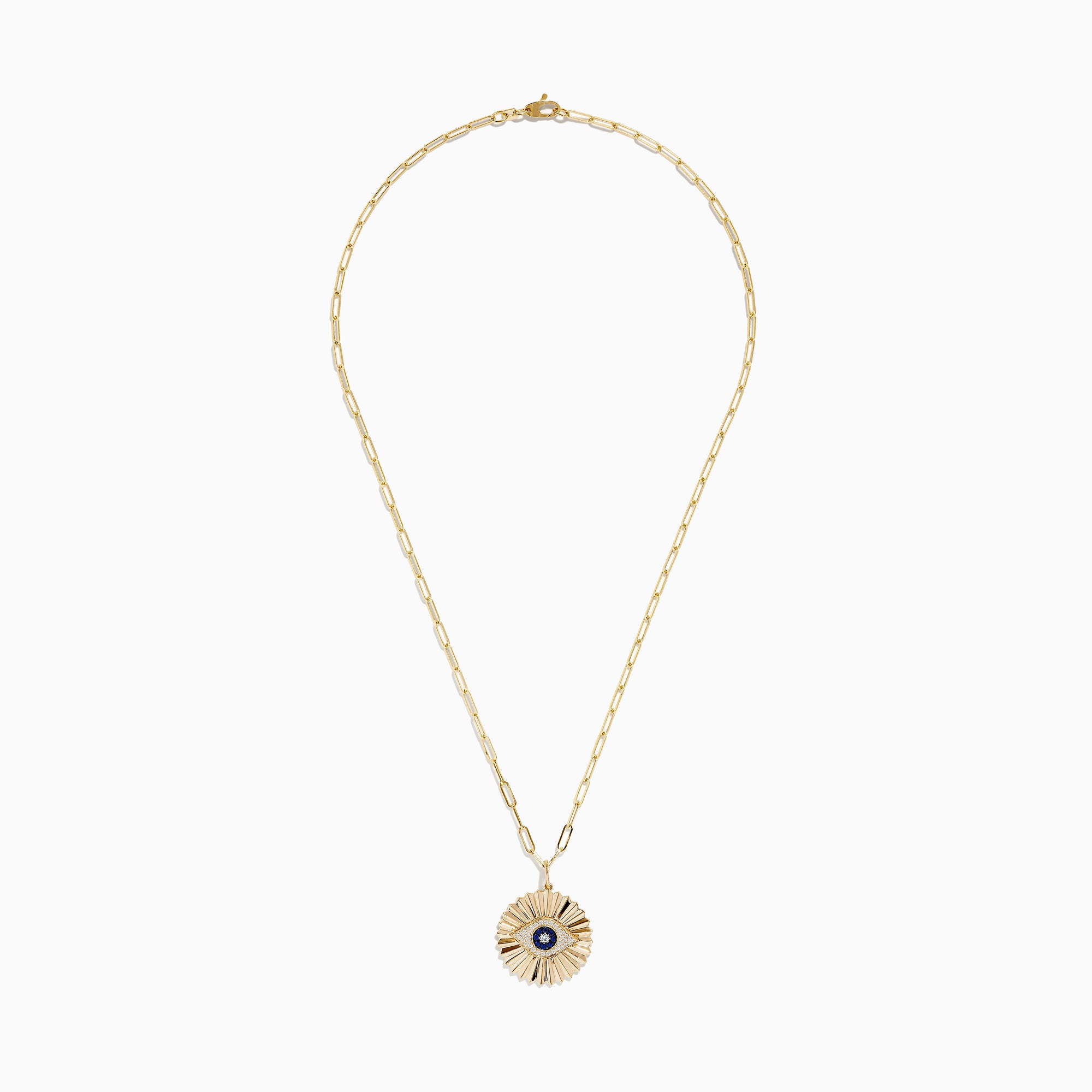 The Novelty 14K Yellow Gold Sapphire and Diamond Evil Eye Disk Pendant features a sunburst design with a sapphire center, diamond accents, gold spikes, and elongated oval chain links.
