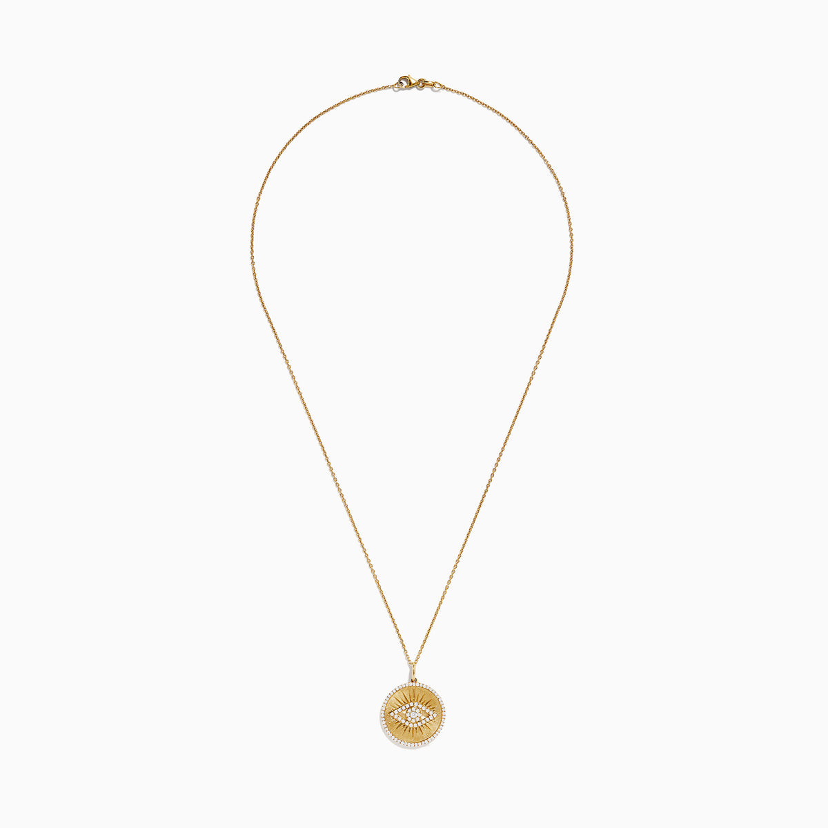 The 14K Yellow Gold Diamond Evil Eye Pendant features a round eye design accented with sparkling diamonds, set against a textured yellow gold background with a beaded edge.