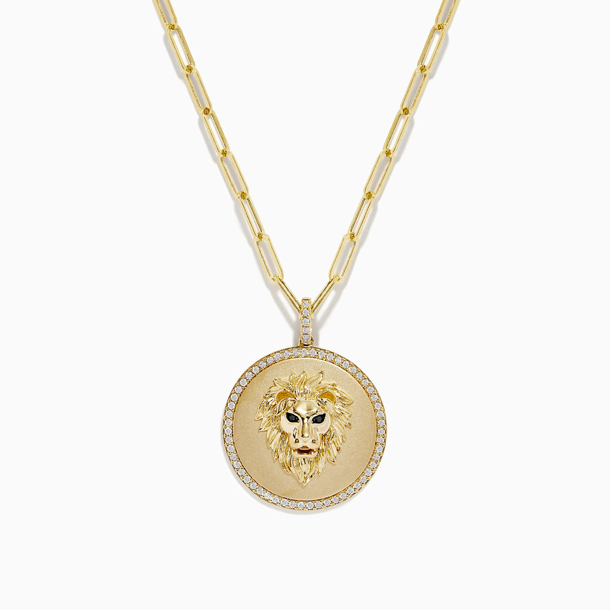 The Safari 14K Yellow Gold Diamond Lions Head Pendant features a detailed lion’s head in the center, bordered by sparkling diamonds and hangs from an elongated yellow gold chain.