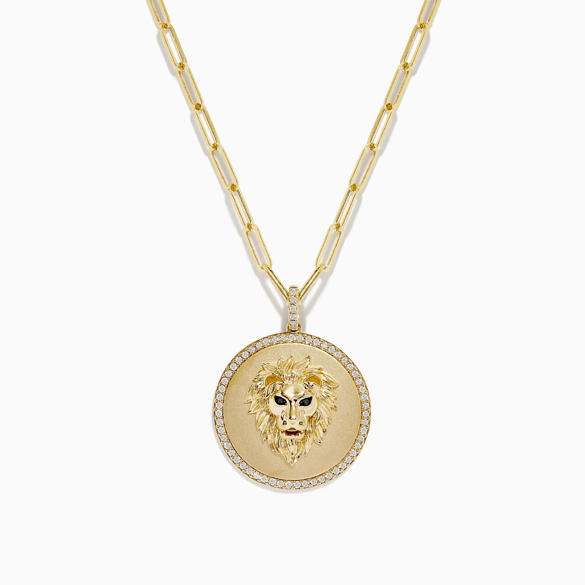 The Safari 14K Yellow Gold Diamond Lions Head Pendant features a detailed lion’s head in the center, bordered by sparkling diamonds and hangs from an elongated yellow gold chain.