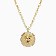 The Safari 14K Yellow Gold Diamond Lions Head Pendant features a detailed lion’s head in the center, bordered by sparkling diamonds and hangs from an elongated yellow gold chain.