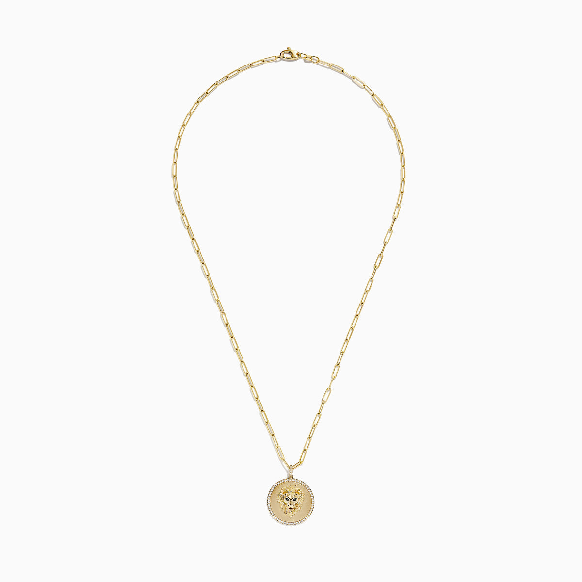 The Safari 14K Yellow Gold Diamond Lions Head Pendant features a detailed lion’s head in the center, bordered by sparkling diamonds and hangs from an elongated yellow gold chain.