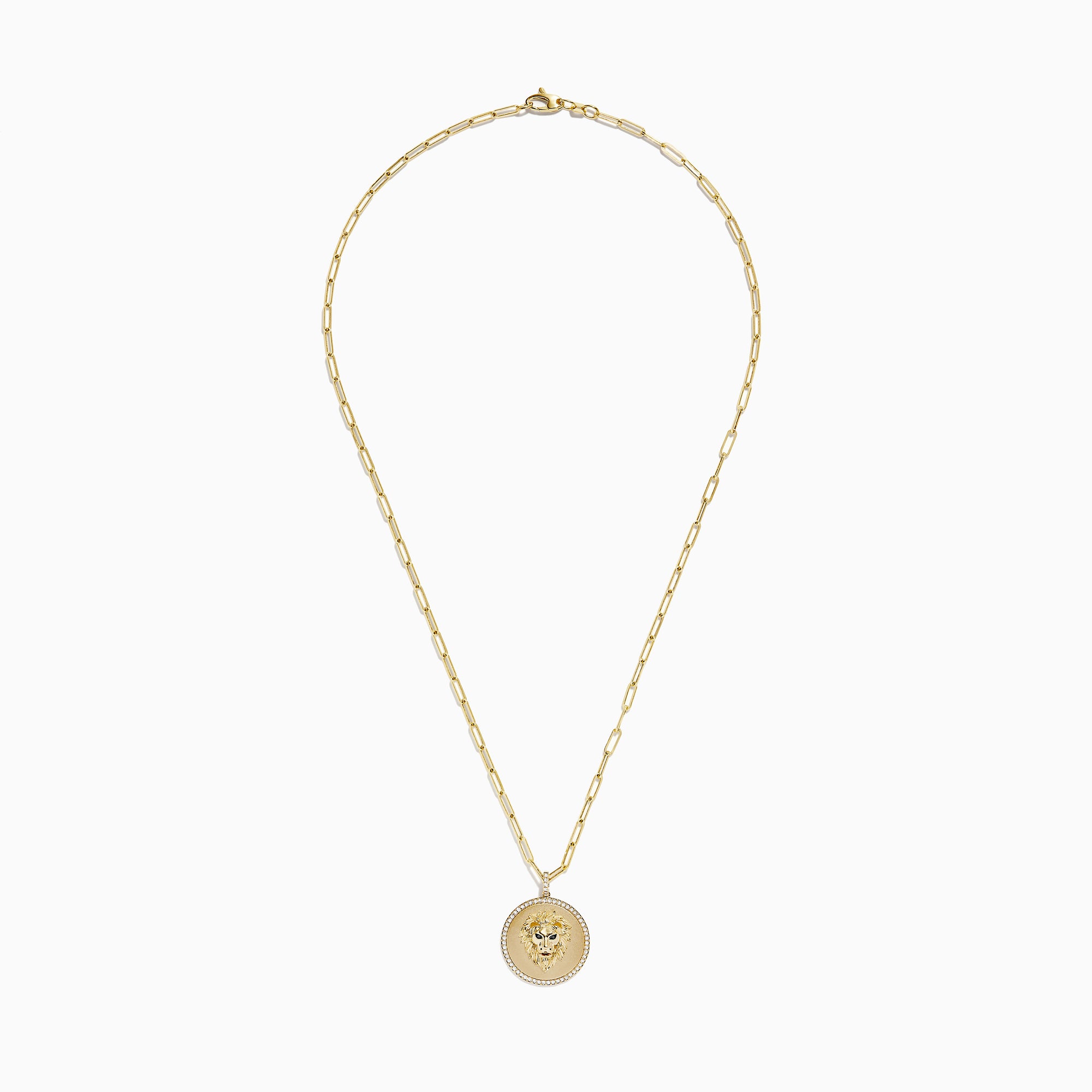 The Safari 14K Yellow Gold Diamond Lions Head Pendant features a detailed lion’s head in the center, bordered by sparkling diamonds and hangs from an elongated yellow gold chain.