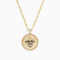 Nature 14K Yellow Gold Espresso and White Diamond Bee Coin Pendant: A yellow gold chain necklace with a round coin pendant featuring a white diamond bee, sparkling crystals, black accents, and a smooth ivory background.