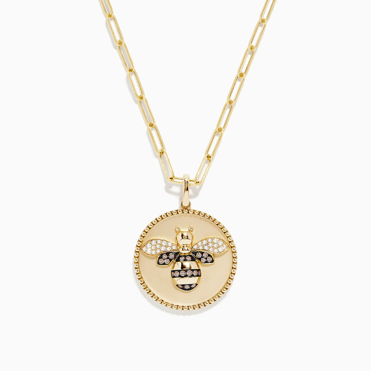 Nature 14K Yellow Gold Espresso and White Diamond Bee Coin Pendant: A yellow gold chain necklace with a round coin pendant featuring a white diamond bee, sparkling crystals, black accents, and a smooth ivory background.