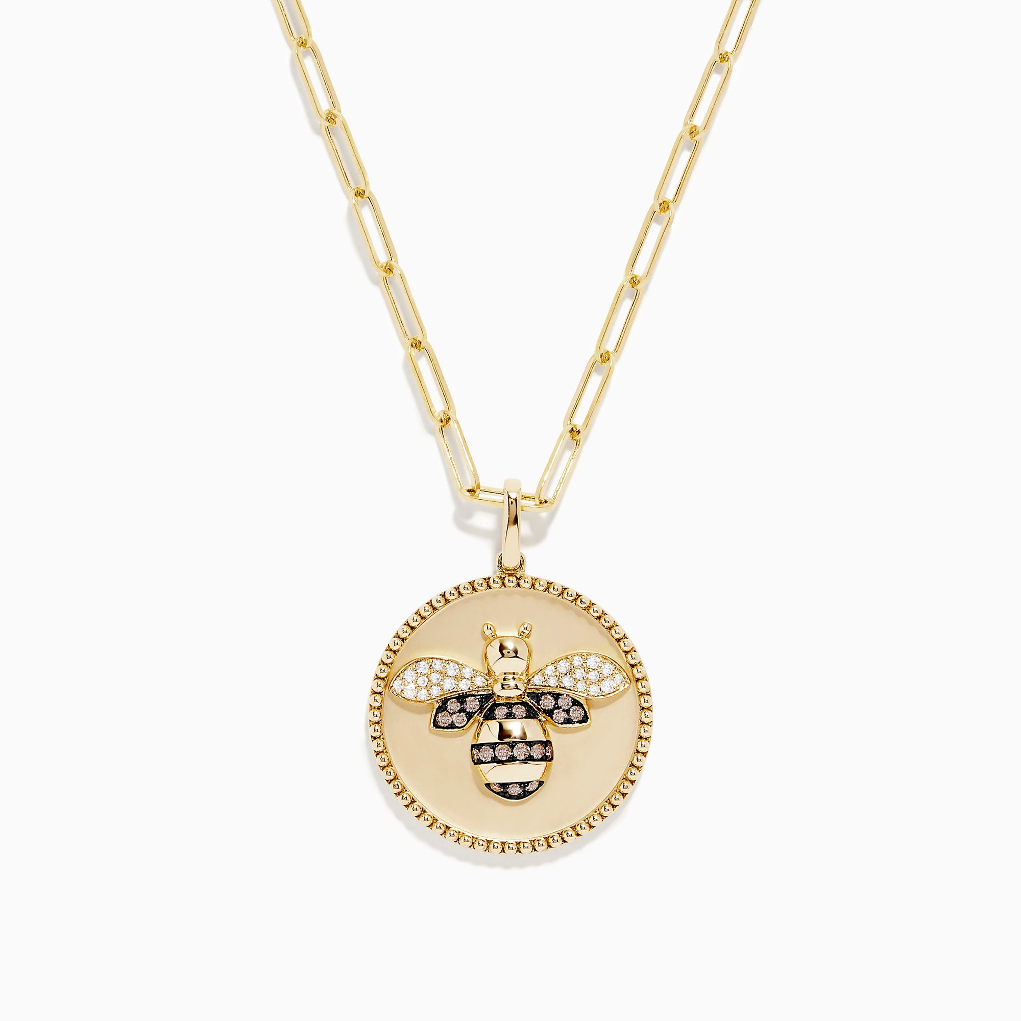 Nature 14K Yellow Gold Espresso and White Diamond Bee Coin Pendant: A yellow gold chain necklace with a round coin pendant featuring a white diamond bee, sparkling crystals, black accents, and a smooth ivory background.