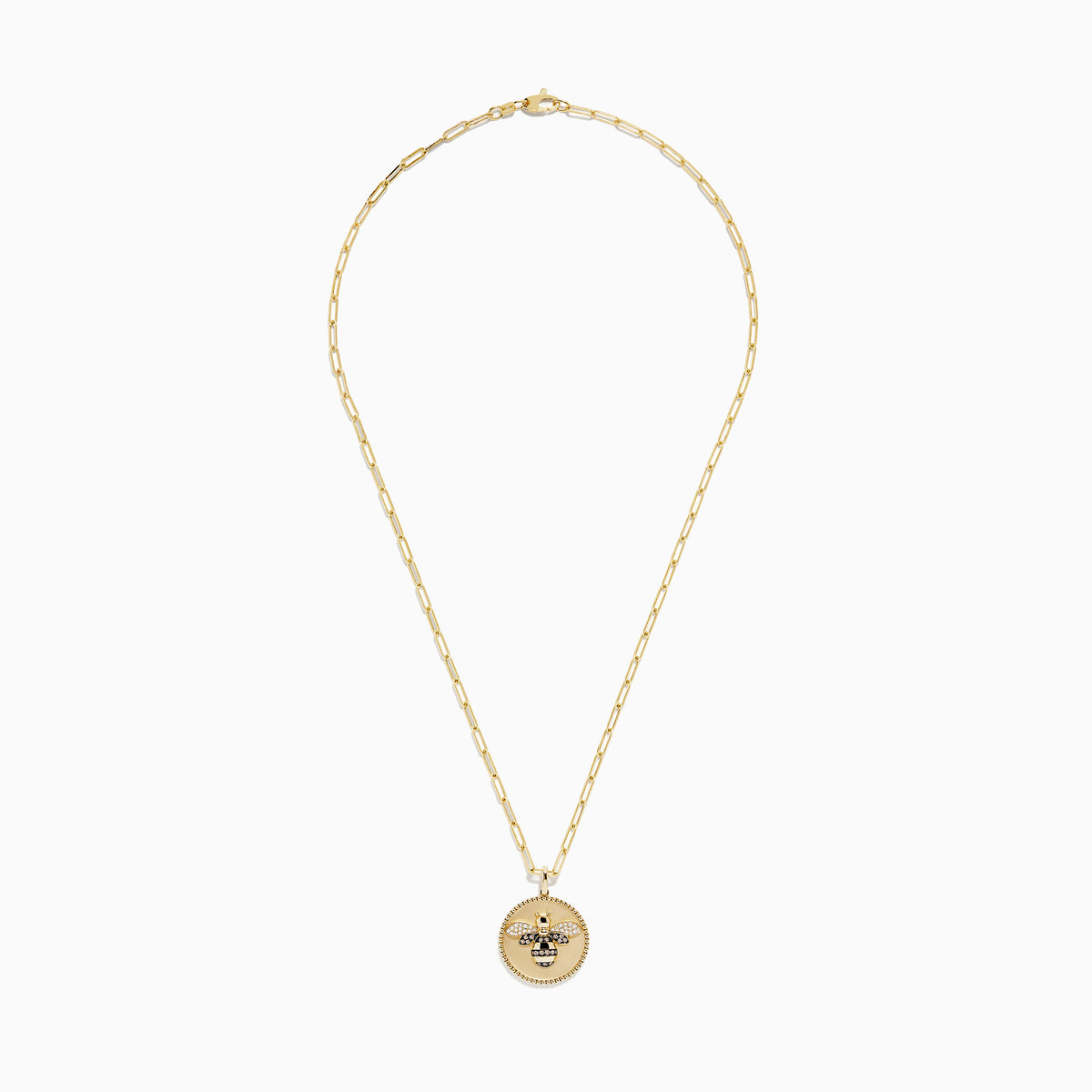 Nature 14K Yellow Gold Espresso and White Diamond Bee Coin Pendant: A yellow gold chain necklace with a round coin pendant featuring a white diamond bee, sparkling crystals, black accents, and a smooth ivory background.