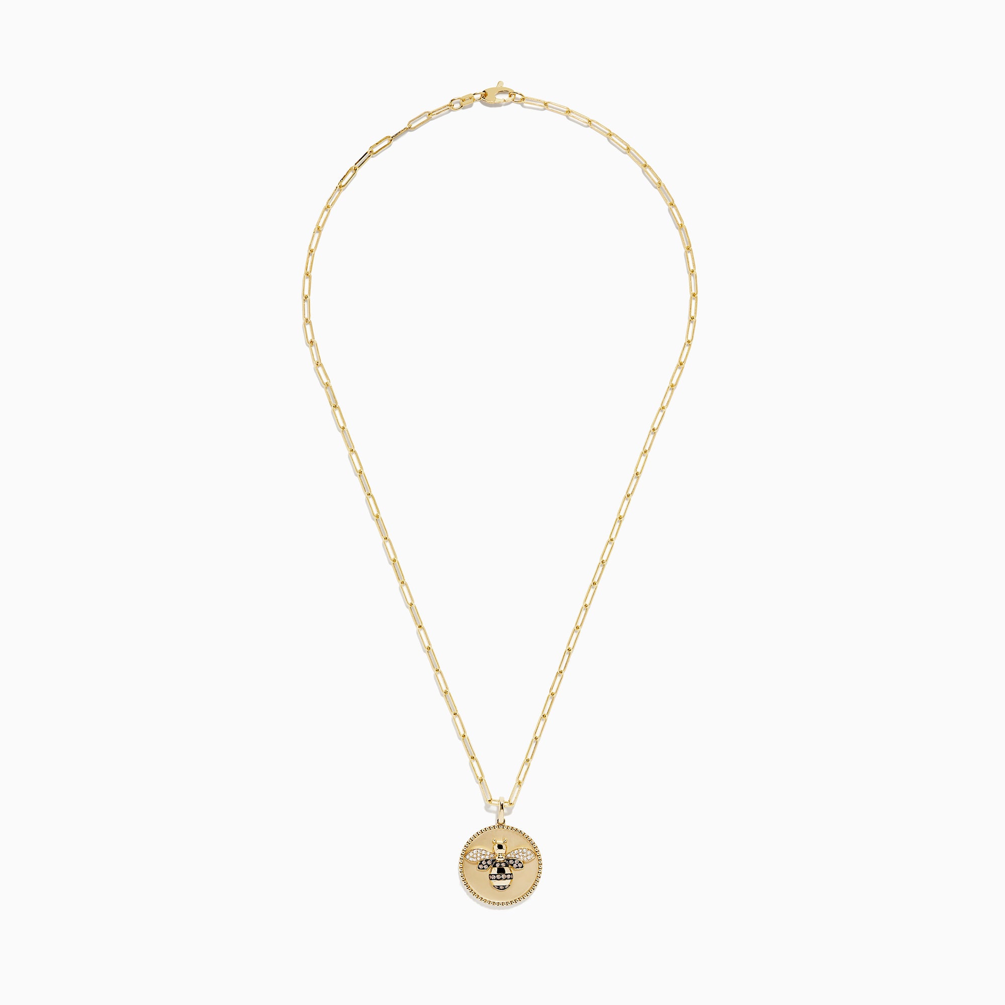 Nature 14K Yellow Gold Espresso and White Diamond Bee Coin Pendant: A yellow gold chain necklace with a round coin pendant featuring a white diamond bee, sparkling crystals, black accents, and a smooth ivory background.