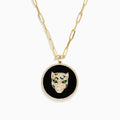 Signature 14K Yellow Gold Onyx, Emerald and Diamond Coin Pendant: A gold chain necklace with a round onyx pendant, jeweled panther head, emerald green eyes, and diamond accents.