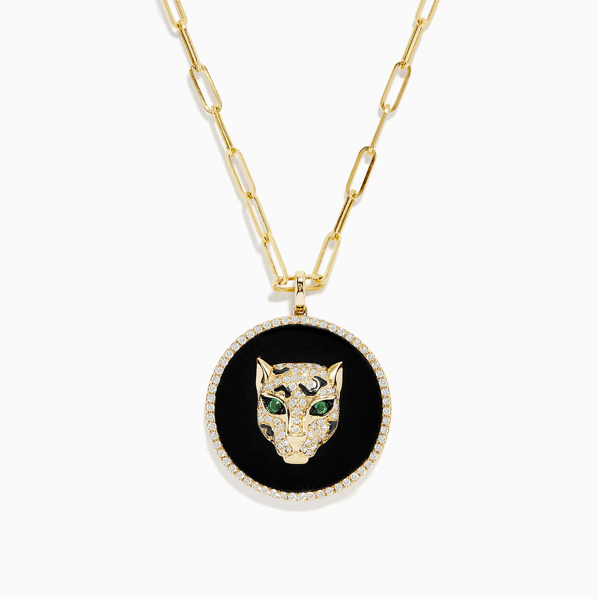 Signature 14K Yellow Gold Onyx, Emerald and Diamond Coin Pendant: A gold chain necklace with a round onyx pendant, jeweled panther head, emerald green eyes, and diamond accents.