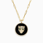 Signature 14K Yellow Gold Onyx, Emerald and Diamond Coin Pendant: A gold chain necklace with a round onyx pendant, jeweled panther head, emerald green eyes, and diamond accents.