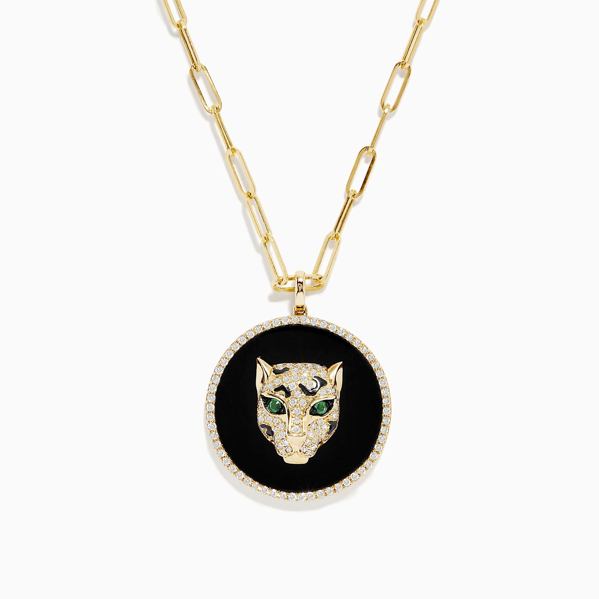 Signature 14K Yellow Gold Onyx, Emerald and Diamond Coin Pendant: A gold chain necklace with a round onyx pendant, jeweled panther head, emerald green eyes, and diamond accents.